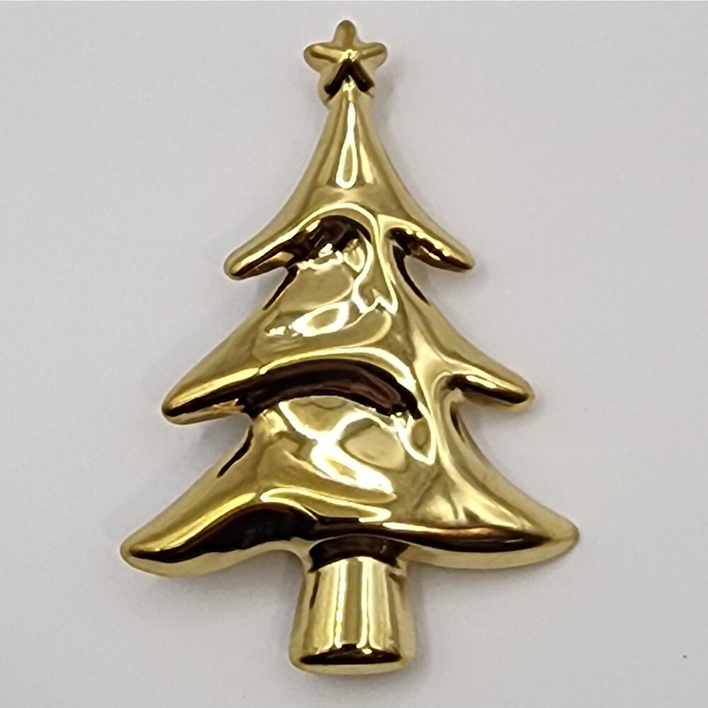 Stainless Steel Christmas Tree Brooch Gold Tone Minimalist Style